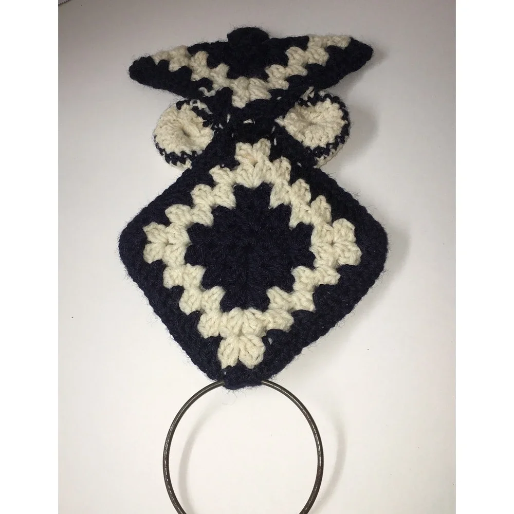 Vintage Crochet Navy‎ White Brown 70s Owl Wall Hanging Towel Holder Boho MCM